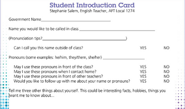 Why pronouns are important at school (with student introduction card)