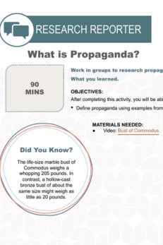 Research Reporter activity page titled "What is Propaganda?" featuring a 90-minute lesson plan with objectives and a "Did You Know?" fact about the weight of the Bust of Commodus.