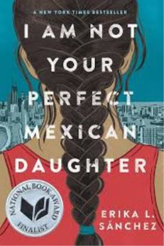 "Cover of the book 'I Am Not Your Perfect Mexican Daughter' by Erika L. Sánchez, featuring an illustration of a girl with a long, dark braid, seen from behind. She is wearing a red top, and the background shows a cityscape with buildings under a blue sky. The title is displayed in white text across the middle of the cover, and a silver National Book Award Finalist seal is placed on the left side. The author's name appears at the bottom in white text."