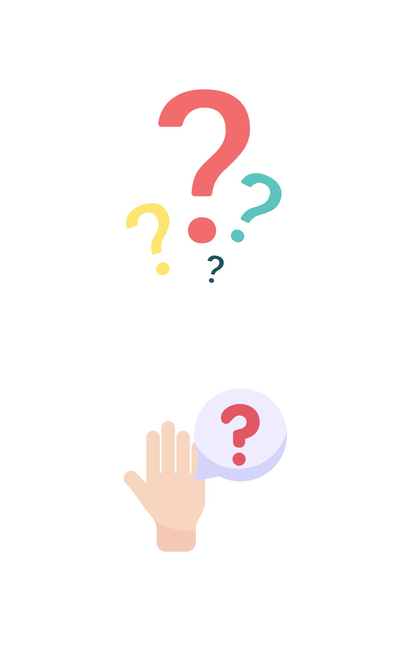A raised hand with a speech bubble containing a question mark, surrounded by colorful question marks, representing the importance of asking an adult before clicking links or downloading online content.