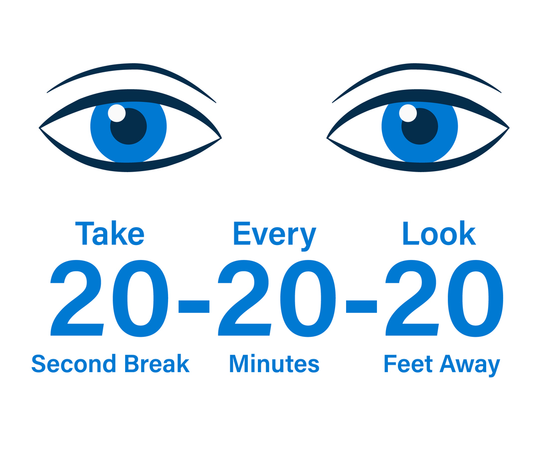 Graphic showing two blue eyes above the 20-20-20 eye health rule. Text reads: “Take a 20-second break every 20 minutes and look 20 feet away.” Promotes digital eye strain prevention and healthy screen habits.