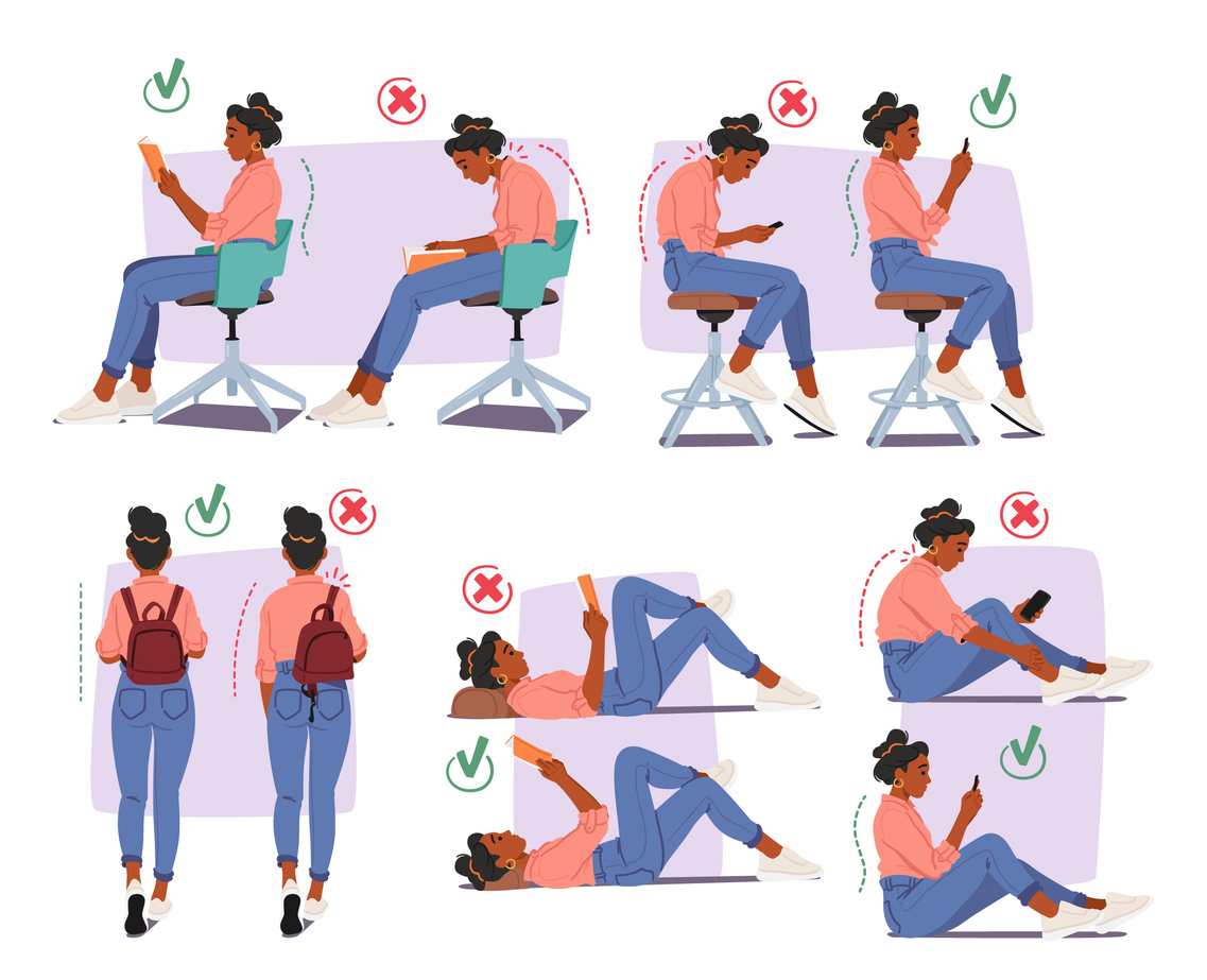 Illustration showing correct and incorrect body postures for reading, using devices, carrying a backpack, and lying down. Green check marks indicate healthy posture with straight spines and neutral neck positions, while red Xs show slouching, hunching, and poor alignment.