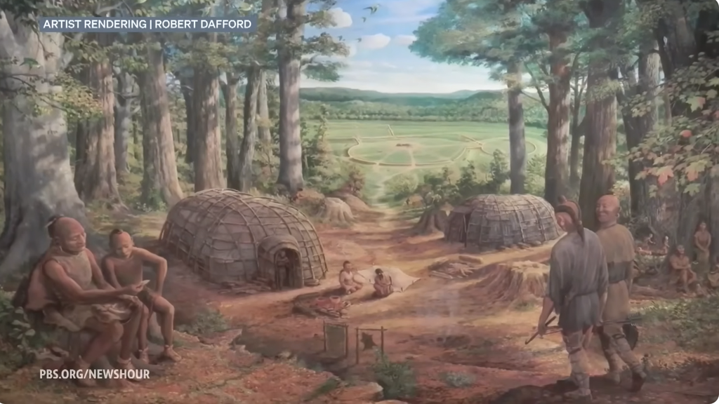 A mural by artist Robert Dafford showing a Hopewell Culture village in the Ohio woodlands, with families gathered near dome-shaped homes and the Seip Mound Ceremonial Center visible in the distance.