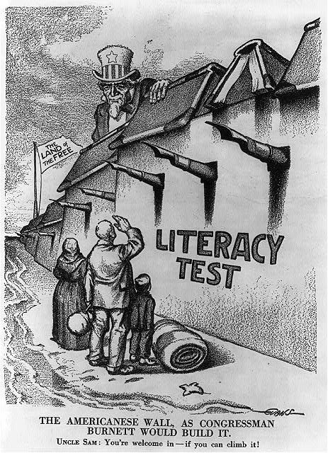 A 1916 political cartoon by Raymond Oscar Evans shows immigrants facing a large wall labeled “Literacy Test.” At the top, Uncle Sam looks down as a family below stares up, holding their belongings. A sign on the other side of the wall reads “Land of the Free.” The caption reads: “The Americanese Wall, as Congressman Burnett would build it. Uncle Sam: You’re welcome in—if you can climb it!” Image courtesy of the Library of Congress.
