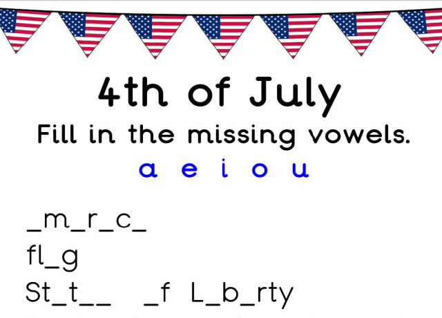 Missing Vowels 4th July Worksheet